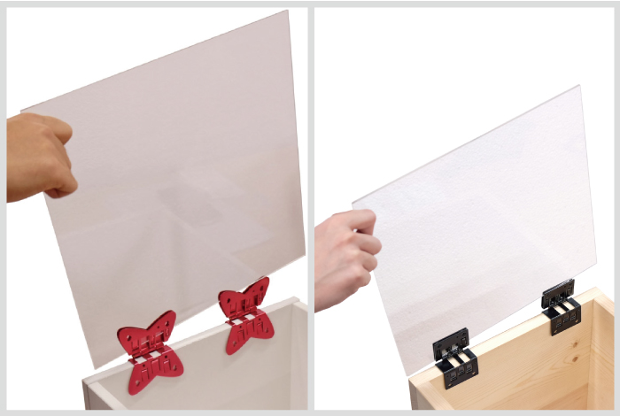 カラーボックスに扉付け 穴あけ接着剤不要 はさんで蝶番 ダンドリビス株式会社